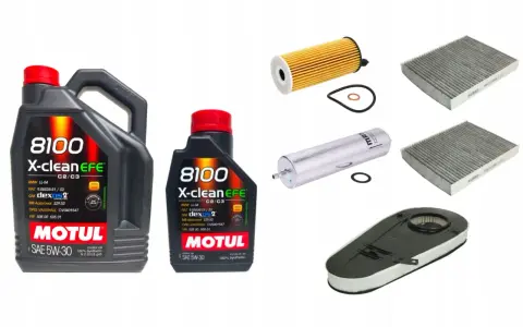 Dwa opakowania oleju Motul 8100 X-clean EFE 5W-30 oraz filtry: oleju, kabinowy i powietrza.
