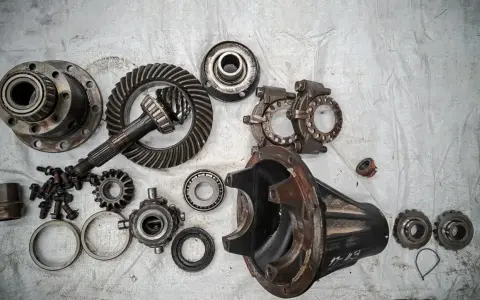 Rozłożony dyferencjał BMW E39 z częściami: koła zębate, łożyska, obudowa.