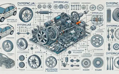 Ilustracja techniczna z przekładnią, kołami i elementami samochodu.