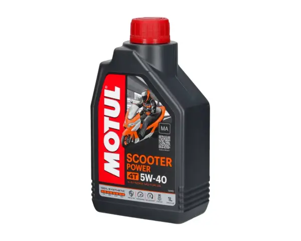Czarna butelka oleju Motul Scooter Power 4T 5W-40 z czerwonym korkiem i grafiką skutera.
